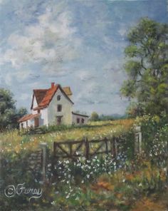 a painting of a white house in a field