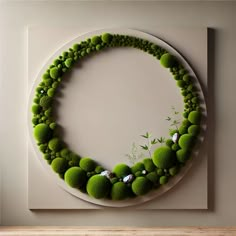 a white plate topped with green moss covered rocks and plants on top of each other