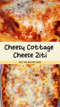 cheesy cottage cheese ziti in a casserole dish with text overlay