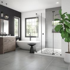 a bathroom with a plant in the middle of the bathtub, and a large mirror on the wall