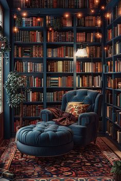 a chair and ottoman in front of a bookshelf filled with lots of books