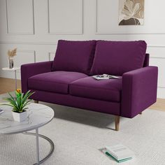 a living room with a purple couch and coffee table