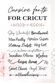 the cursive font for cricut is displayed next to a keyboard and pink flowers