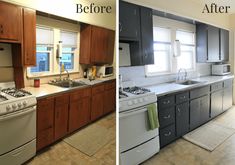 before and after photos of a kitchen remodel with new cabinets, stove top oven, dishwasher