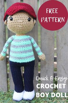 a crochet boy doll standing next to a fence with the text free pattern