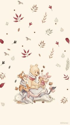 winnie the pooh and her friends are sitting on top of each other in front of leaves