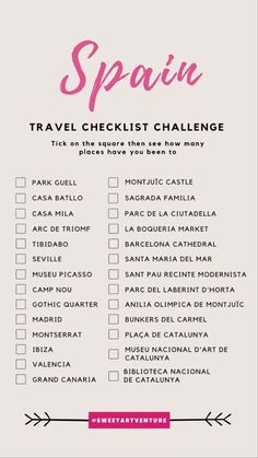 the travel checklist challenge is shown in pink and white with text that reads spain