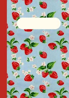 a blue background with red strawberries and white flowers on the bottom half of it