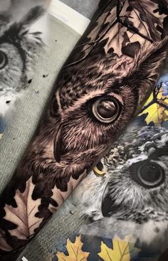 an owl with leaves on it's arm is shown in this tattoo style photo