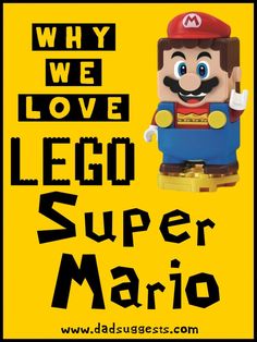 the lego super mario character is in front of a yellow background that says why we love lego