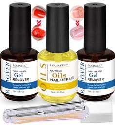 PRICES MAY VARY. GEL POLISH REMOVER: LOUINSTIC gel nail polish remover kit comes with 2pcs gel remover 1pc nail cuticle care oil, a nail file, and a cuticle pusher, this gel nail remover kit will help to remove gel nail polish in minutes but no need for wrapping or for soaking. The cuticle oil will moisturize and strengthen your nails to help promote your natural nail growth and add shine. GEL NAIL POLISH REMOVER: the nail polish remover is healthy resin and organic solvents, which will help dis Oil For Nails, Nail Cuticle Oil, Gel Nail Polish Remover, Gel Nail Removal, Gel Remover, Cuticle Care, Nail Repair, Nail Remover, Nail Oil