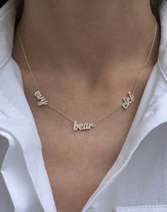 Personalize this multi name necklace with up to 6 names! All names are set with diamond stones! Available in 14K Yellow, White or Rose Gold All lowercase font only Letter size ranges from 4mm - 7mm depending on the letter Each one comes with a 1" extender FINAL SALE If you choose diamonds they will be spaced evenly like the names. 2 names: 1 or 3 diamonds - if 1 it will be in between the name, if 3 it will be on every side of the names 3 names: 2 or 4 diamonds - if 2 it will be in between the na Diamond Name Necklace, Necklace With Kids Names, All Names, Female Names, Name Jewelry, Jewelry Lookbook, Mom Necklace, Romantic Gifts, Maternity Pictures