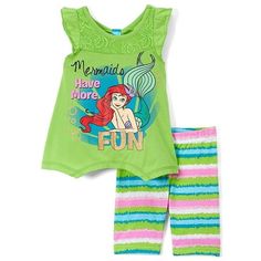 Toddler girl's bike shorts set features Ariel from The Little Mermaid movie. Top has flutter sleeves, lace overlay on the upper front body, gold glitter accents, and a sharkbite bottom hem on front and back. Shirt reads "Mermaids Have More Fun". In lime green. Top: 58% Cotton/42% Polyester; Shorts: 54% Cotton/42% Polyester/4%Spandex. Machine washable. Imported. Size: 2T.  Gender: female. Toddler Girl Bike, Disney Shirts For Men, Diy Disney Shirts, Disney Princess Ariel, Womens Disney Shirts, Princess Ariel, Angel Sleeve, Princess Girl, Shirts For Teens