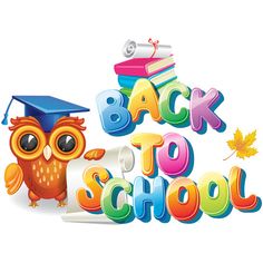 back to school with an owl holding a roll of paper and a stack of books