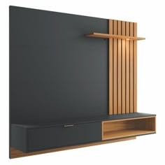 a modern entertainment center with wooden shelves and shelving unit on the wall, 3d rendering