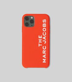 an orange iphone case with the words marc's caycobs on it