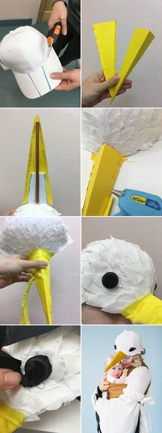 the process of making a paper boat out of construction materials is shown in four different pictures