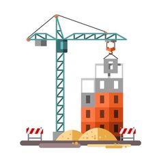 construction site with crane and building under construction, flat style illustration isolated on white background