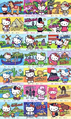 an image of hello kitty wallpapers in different colors and sizes, all with cartoon characters