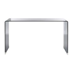 a glass table with metal legs on a white background