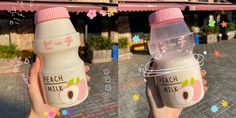 two pictures of a person holding a plastic milk bottle with the words peach milk on it