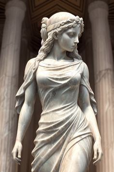 a statue of a woman in front of some large pillars with columns around her head