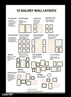 the 12 gallery wall layout is shown in black and white, with different squares and rectangles