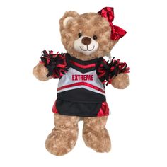 a teddy bear wearing a cheerleader outfit with the word extreme on it's chest