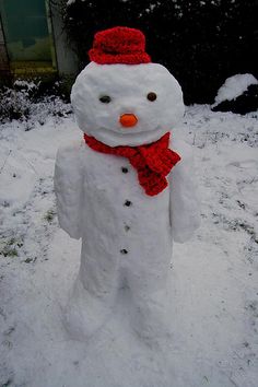 a snowman with a red hat and scarf standing in the snow