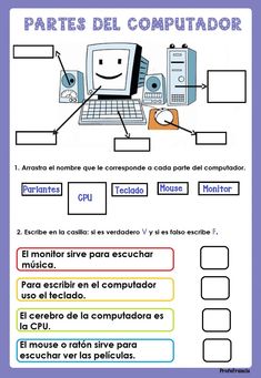 a computer worksheet is shown with the words in spanish and an image of a keyboard