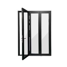 an open door on a white background with black frame and glass doors in the middle