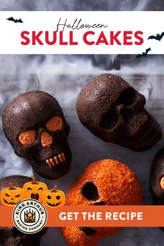 halloween skull cakes with pumpkins and bats in the background, text reads get the recipe