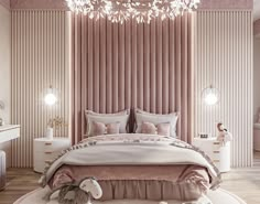 a bedroom with a round bed and pink curtains on the wall behind it is a chandelier