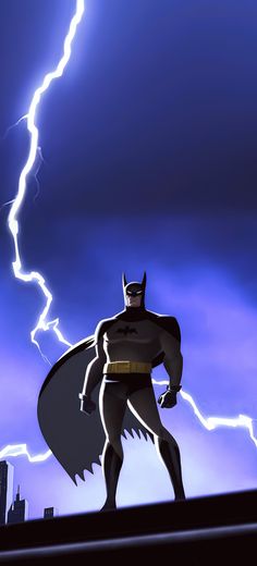 the animated batman is standing in front of lightning