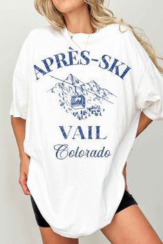 APRES SKI VAIL COLORADO OVERSIZED GRAPHIC TEEPREMIUM COTTONOVERSIZED FIT Sporty Crew Neck Top For Ski Season, Casual Skiing Tops, Casual Graphic Print Top For Skiing, Casual T-shirt With Graphic Print For Snowboarding, Sporty Crew Neck Skiing Tops, Sporty Crew Neck Tops For Skiing, Casual Crew Neck T-shirt For Snowboarding, White Crew Neck Top For Snowboarding, Crew Neck Tops For Ski Season