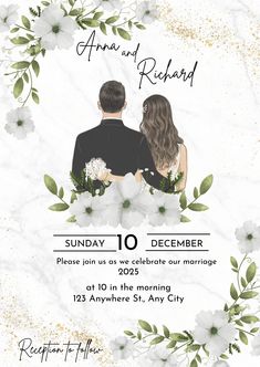 an elegant wedding announcement with white flowers and greenery