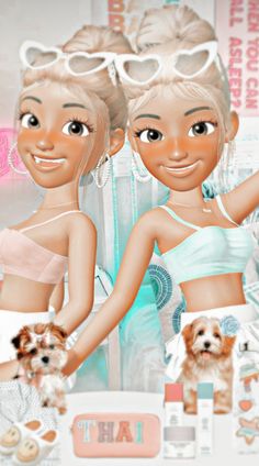 two girls in bathing suits holding small dogs