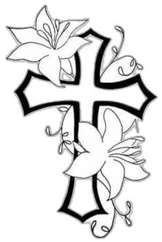 a cross with lilies on it and the word jesus written in black ink, is shown