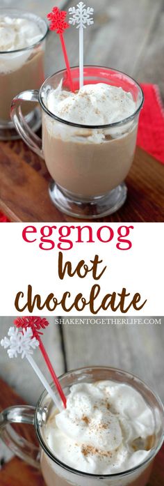 eggnog hot chocolate with whipped cream in two glasses