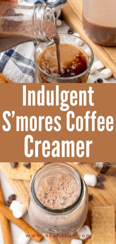 an image of coffee creamer with text overlay that reads indulgent s'mores coffee creamer