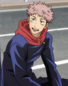 an anime character sitting on the ground with his hands in his pockets and wearing a red hoodie