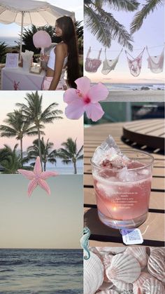 a collage of photos with pink flowers and starfish