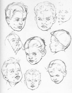 a bunch of sketches of different faces and heads in various positions, including the head