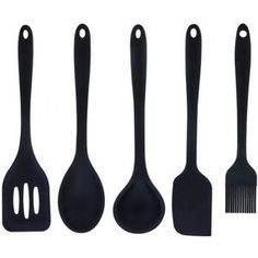 five black kitchen utensils lined up next to each other