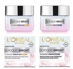 2x15 ml Loreal Paris Innovation Glycolic Bright Glowing Cream Day Brighten Night Brand: L'OREAL Quantity: 2 pcs x 15 ml ( Day Cream 1+Night Cream 1 ) Net weight: 15 ml/pc Product Description 1. L'Oréal Paris Glycolic-Bright Glowing Cream Day SPF 17 is a facial cream with sunscreen for an instant radiant glow. Clinically proven to protect skin from harmful UV rays with Glycolic Acid that whitens and brightens. Effectively reduces dullness and prevents dark spots. Reveals smoother, brighter and more radiant skin. Discover the innovation of brightening skin with Glycolic Acid, which has the smallest molecule in the AHA brightening group. - Penetrates deep into the skin and helps exfoliate effectively. Glycolic Bright Glowing Cream Day combines glycolic acid to deliver 4 dimensions of brighten Glowing Cream, Brightening Skin, Facial Cream, Day Cream, Glycolic Acid, New Skin, Night Cream, L Oreal, Even Skin Tone