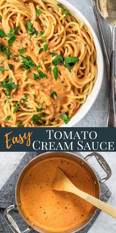 easy tomato cream sauce in a white bowl with a wooden spoon next to it and the title overlay reads easy tomato cream sauce