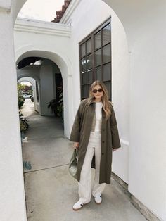 nataliebrekka on IG | trench coat season, spring fashion, sezane, olive green, parisian chic, adidas spezial, sambas, spring transition, casual street style, outfit inspo, aesthetic Khaki Green Coat Outfit, Olive Green Long Coat Outfit, Olive Green Coat Outfit, Olive Green Trench Coat Outfit, Olive Trench Coat Outfit, Khaki Green Coat