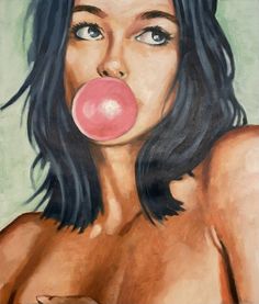 a painting of a woman blowing a pink bubble