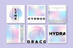 four different types of typogramic posters on a purple background with the words cryus, corvius, hydro