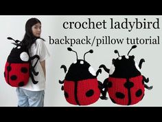 a ladybird crochet backpack / pillow pattern is shown in red and black